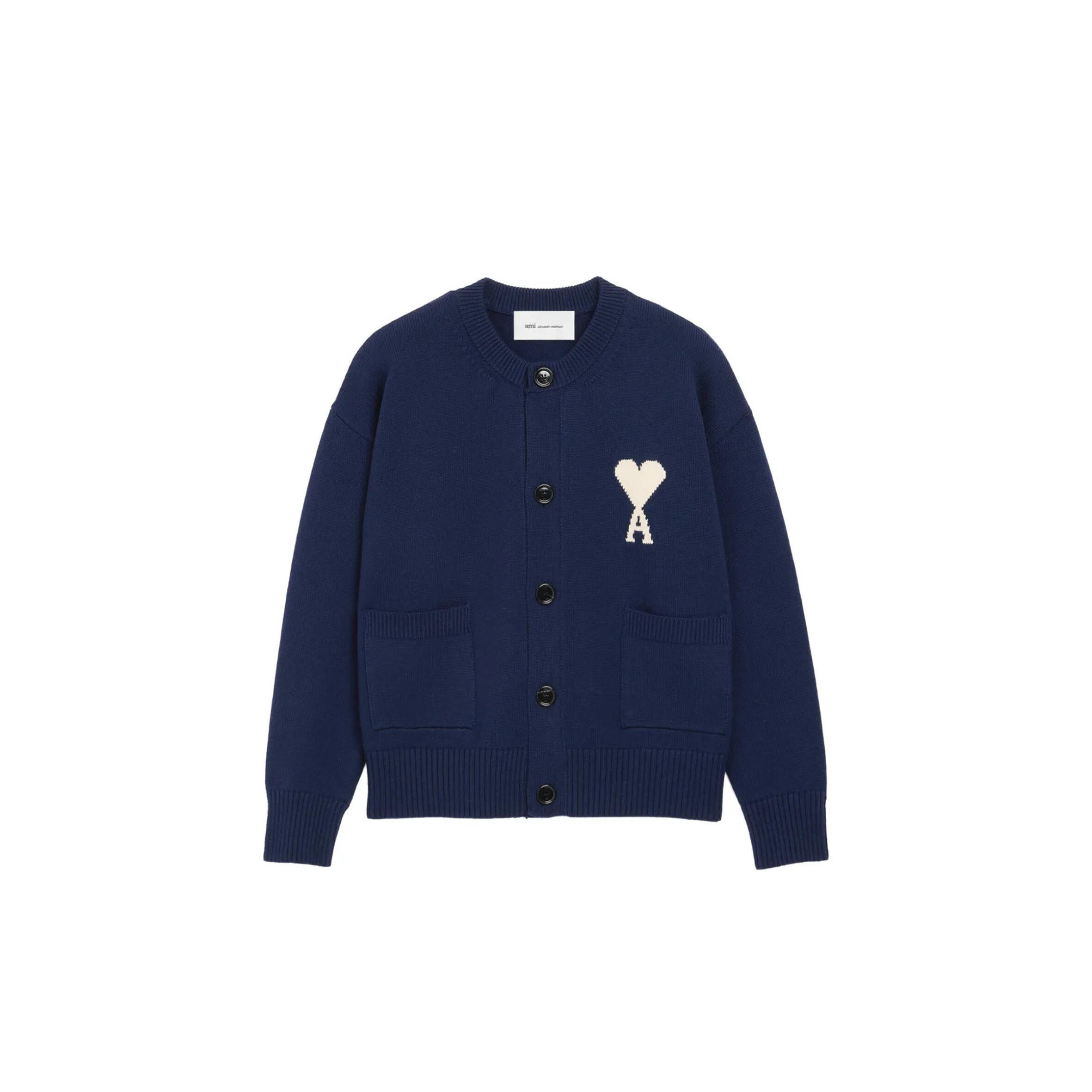 AMI PARIS AMI DE COEUR INTARSIA CREWNECK CARDIGAN 